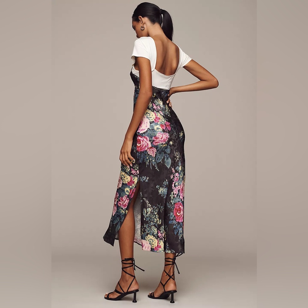 Anthropologie Black and Pink Floral Midi Dress